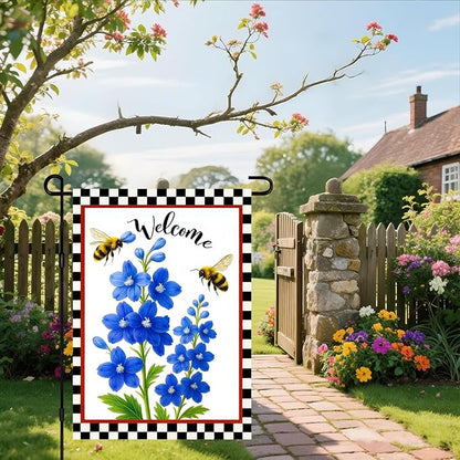 IVN Floral Welcome Garden Flag 12x18 Inch Double Sided Yard Flag Double Sided Bluebells Flowers with Bees Decorative Small Flags for Outside Seasonal Farmhouse Yard Outdoor Decoration Flags