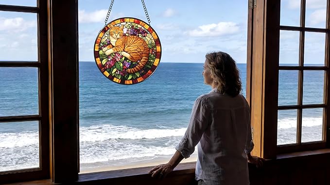 Funoasis Stained Glass Window Hanging 7.8 Inches Suncatcher - an Orange Cat Lying On A Cluster of Purple Flowers Ornaments Sun Catcher Home Decor Women Birthday