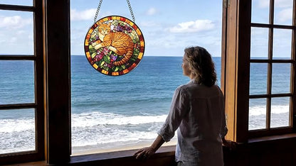 Funoasis Stained Glass Window Hanging 7.8 Inches Suncatcher - an Orange Cat Lying On A Cluster of Purple Flowers Ornaments Sun Catcher Home Decor Women Birthday