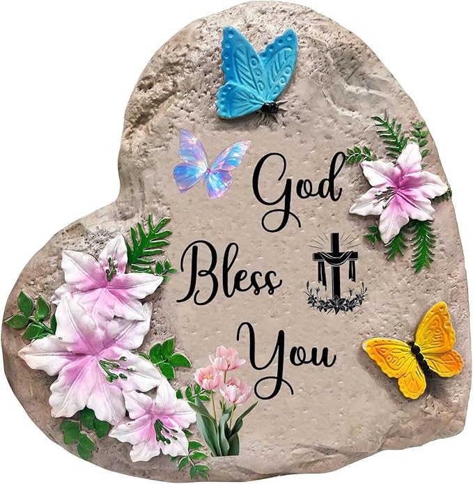 God Bless You-Resin Stepping Stone,Outdoor Garden Pathway Decoration,Heart Shaped Decorative Stone for Garden,Walkway Sculpture Yard Art for Patio,Home Decor