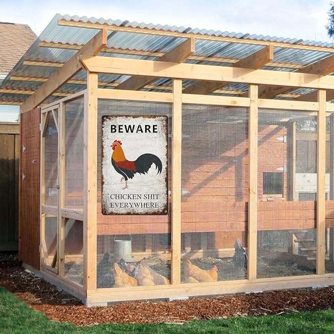 Beware Chicken Shit Everywhere Vintage Metal Sign Retro Wall Decor for Chicken Coop Farmhouse Wall Decor Funny Coop Garden Man Cave Farm Outdoor Decorations Chicken Coop Accessories 12x8 Inch