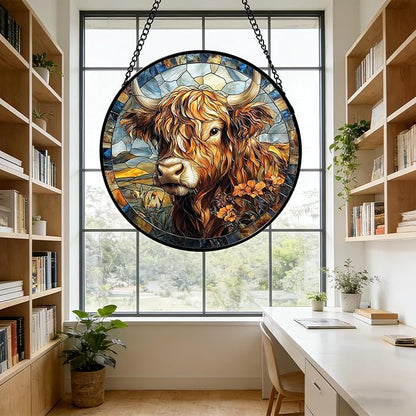 DASTOLL Stained Glass Window Hanging - Funny Cow Flower Suncatcher Ready to Hang Window Doors Home Decoration and Christmas, Mother's Day Birthday Gifts for Women, Men, and Mom 7.8x7.8 in
