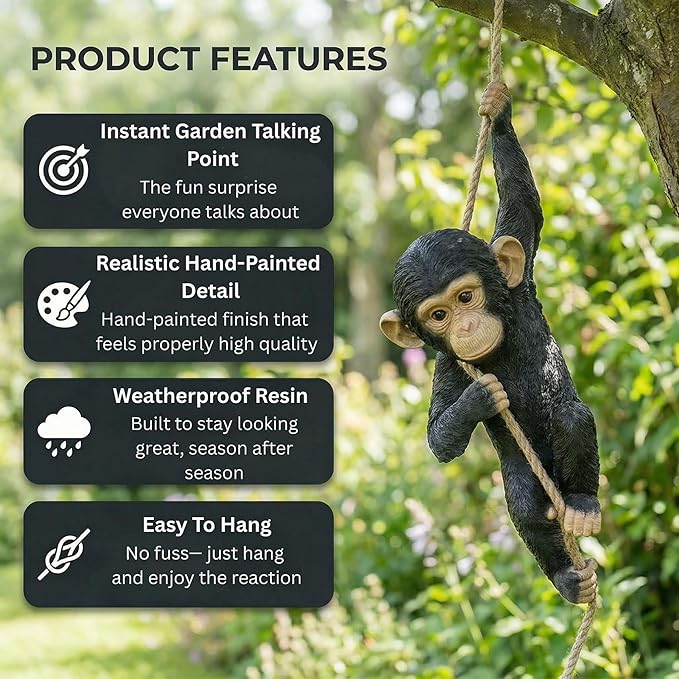 Hanging Monkey Outdoor Decor, Resin Statue on Rope for Front Porch, Patio, Yard, Tree Fence, Garden Ornament, Animal Decoration for Outside Spaces, 21.7 in