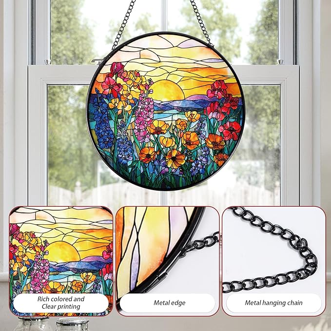 Wildflowers Stained Glass Window Hanging, Sun Catchers Indoor Window Plant Lover Gifts for Women, Wildflowers and Sun Wall SunCatchers Decor for Garden Home Christmas Birthday