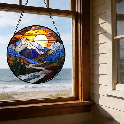 Stained Glass Window Hanging, Yellow Blue Sunset Mountains Scenery Sun Catcher for Window Home Decor Landscape Suncatcher Mother's Day Birthday Gifts for Women Men Mom and Nana 6.3 in