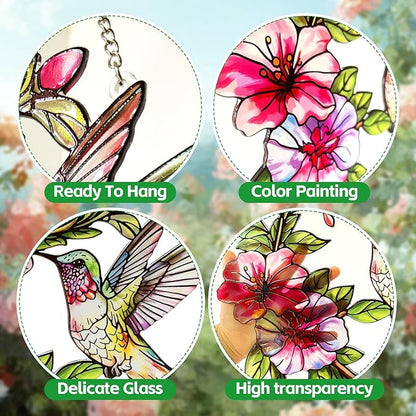 Stained Glass Window Hanging Hummingbird and Flower Suncatcher, Marzovitra 10 Inch Colorful Window Art Bird Sun Catcher for Home Decor, Garden, Patio, Gift for Nature and Bird Lovers