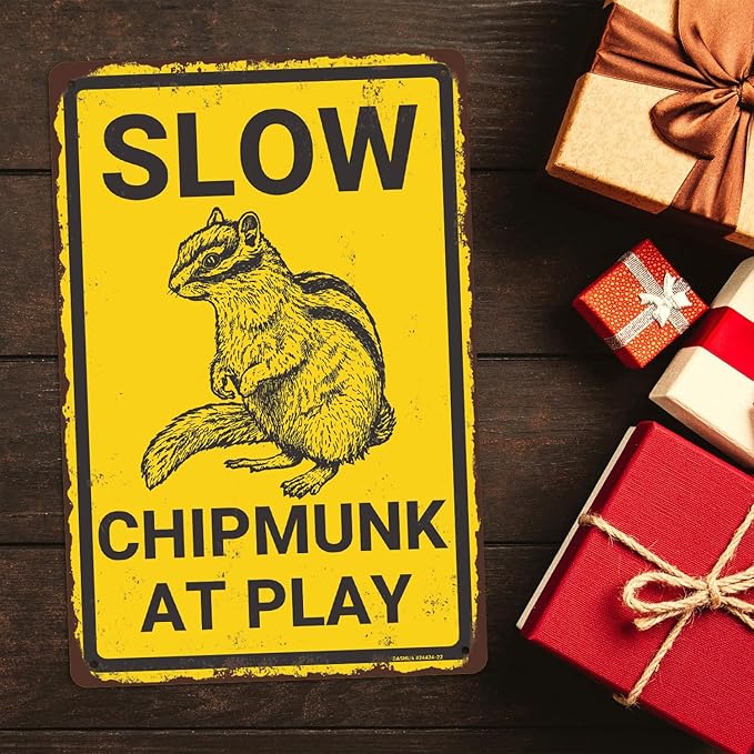 Slow Chipmunk at Play Aluminium Metal Sign, Chipmunk Decor, Chipmunk Gift, Vintage Animal Decor, Animal Warning Sign, Funny Wall Decor for Home Farmhouse Yard Garden, 8"x12" Indoor/Outdoor