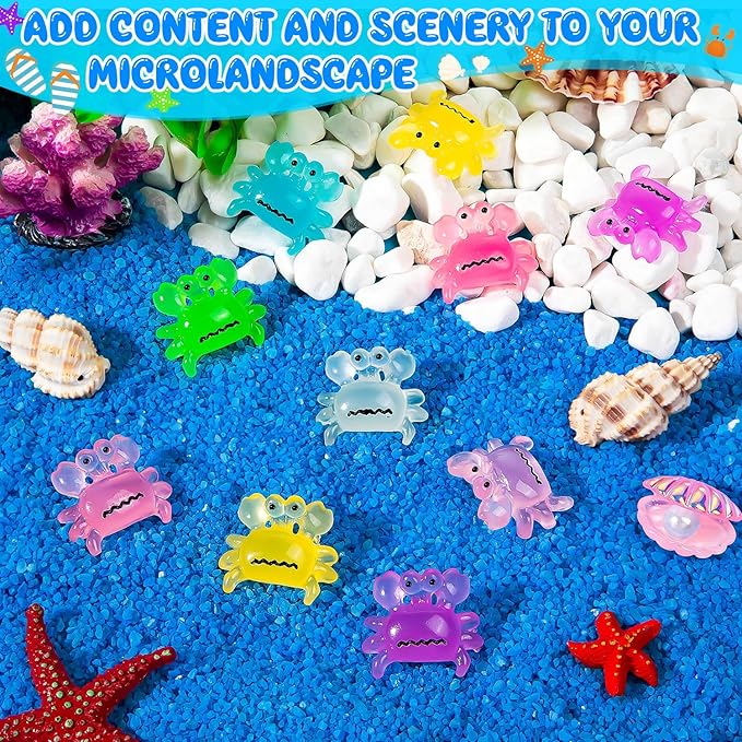 126PCS Luminous Mini Resin Crabs Cute Crab Figurines Glow in The Dark, Tiny Miniature Crabs Animals for Micro Moss Landscape Dollhouse Pots DIY Crafts Hidden Game (7 Colors)