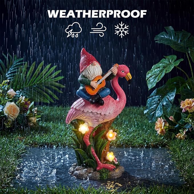 EXYGLO Solar Gnome Garden Decor Statue, 10" Gnome Riding Flamingo Outdoor Funny Decoration for Lawn, Patio, Yard, and Unique Housewarming, Birthday Ornament Gift for Mother, Friend, Family