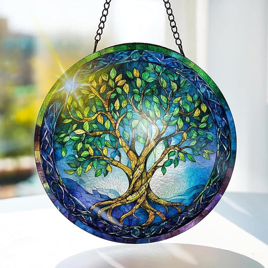 Bimkole Tree of Life Stained Glass Suncatcher Window Hanging - Leaves Indoor Window or Doorway Decoration - Handmade Sun Catcher Decor for Garden Home Christmas & Birthday Gifts 7.87x7.87 Inch