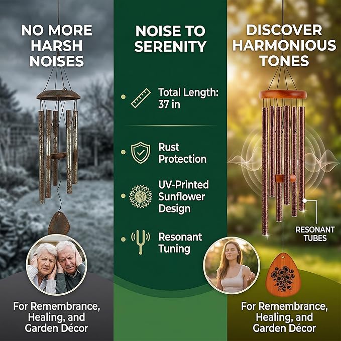 37" Matte Textured Aluminum Wind Chimes for Outdoor Patio & Garden – Large Modern Black Wind Chime with Deep Soft Tone, Thoughtful Home Gift (Brown, 37")