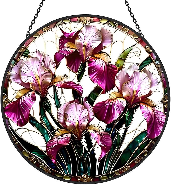 Iris Floral Stained Glass Sun Catcher Window Hanging,Handmade Suncatcher Window Art for Home Decor and Garden,Thoughtful Gift for Mom, Grandma or Nana