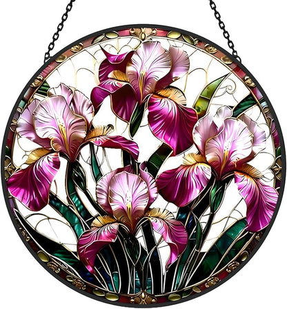 Iris Floral Stained Glass Sun Catcher Window Hanging,Handmade Suncatcher Window Art for Home Decor and Garden,Thoughtful Gift for Mom, Grandma or Nana