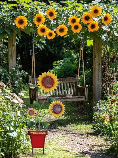 hogardeck Garden Decor for Outside, 39" Sunflower Pot Decorative Garden Stakes for Spring Outdoor Decor, Metal Yard Art Sunflower Welcome Sign for Porch Patio Lawn Pathway Backyard Decorations