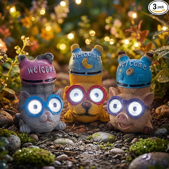 pearlstar 3 Pack Solar Lights Outdoor Garden Statues Resin Animal with Welcome Sign, Mothers Day Gifts for Mom Grandma, Cat Dog Pig Solar Figurines LED Lights Waterproof Outside Decor for Patio Yard