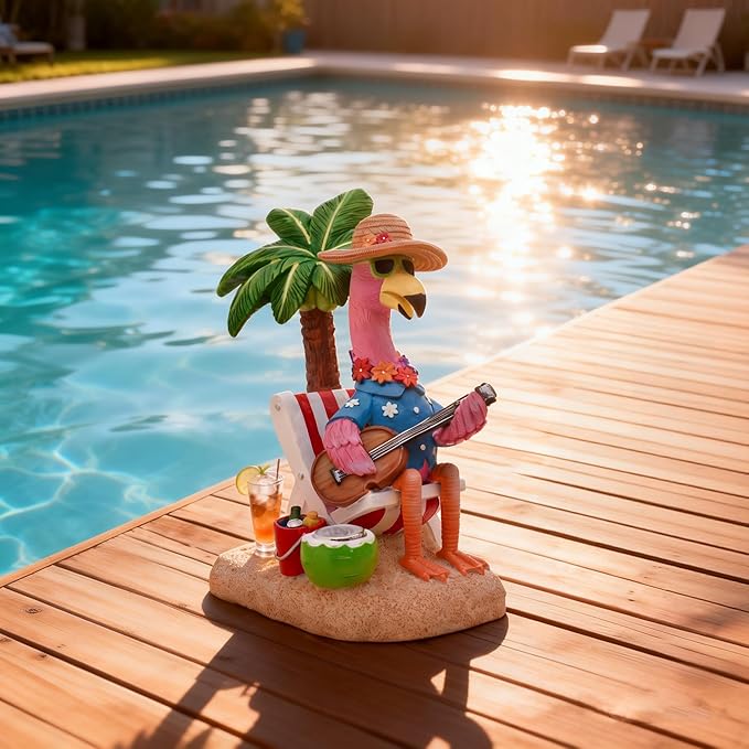 TERESA'S COLLECTIONS Pink Flamingo Garden Decor with Solar Light, Flamingo Summer Outdoor Decor, Chill Hawaiian Relaxed Beach Tropical Resin Garden Statues for Porch Lawn Yard 7.3"