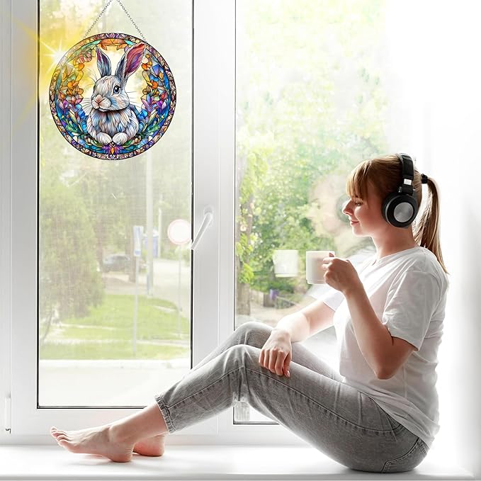 VAIIEYO Rabbit Sun Catcher Stained Glass Window Hanging Ornament, Handmade Sun Catcher Animal Decoration with Hooks for Window Garden Home, Mother's Day & Birthday Housewarming Gift (7.8 inch)
