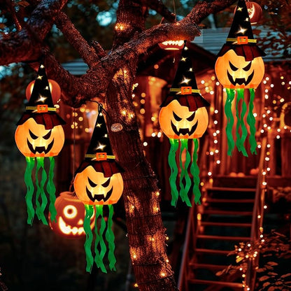 Halloween Decorations Outdoor, 4 PCS Hanging Lighted Glowing Pumpkin Witch Hat with 3 Modes Lighted Up Scary Orange Halloween Decorations for Indoor Outside Party Yard Tree Garden, 24Inch