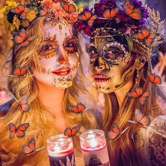 Augshy 75pcs 3D Monarch Butterfly Stakes Artificial Garden Monarch Butterfly Decorations for Day of The Dead Dia De Los Muertos Decor Halloween Party Supplies (3 Size)