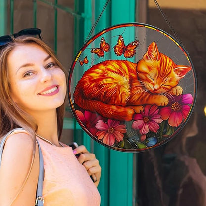 Cat Pattern Suncatcher Stained Glass for Kitty Lovers, Stain Glass Windows Hanging 9.8'' Painted Sun Catcher Hangings Sleeping Cat Home Decor Gift for Women