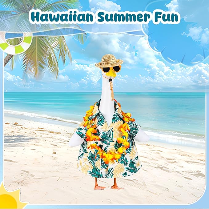 Hawaiian Porch Goose Outfits, 23" Goose Statue Hawaiian Costume Summer Porch Goose Outfits, Durable Hawaii Skirt Lawn Goose Clothes with Hat Glasses, Outdoor Yard Patio Garden Holiday Decor