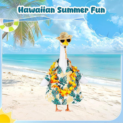 Hawaiian Porch Goose Outfits, 23" Goose Statue Hawaiian Costume Summer Porch Goose Outfits, Durable Hawaii Skirt Lawn Goose Clothes with Hat Glasses, Outdoor Yard Patio Garden Holiday Decor