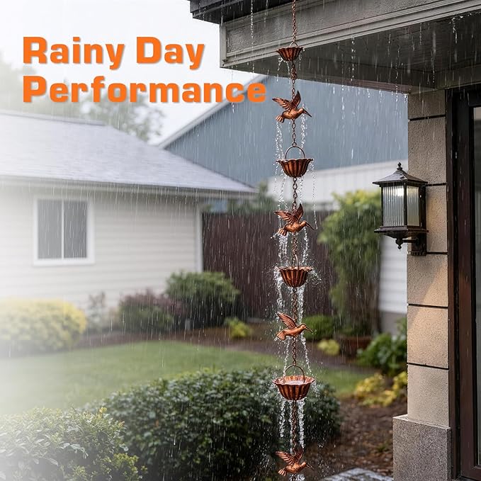 7.9FT Rain Chain for Gutters, Rain Chains with 7 Cups & 8 Decorative Bird Accent, Adjustable Rain Catcher Chain for Eaves Drainage, Functional & Decorative Replacement for Gutter Downspout