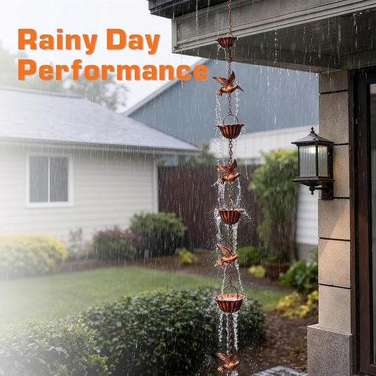 7.9FT Rain Chain for Gutters, Rain Chains with 7 Cups & 8 Decorative Bird Accent, Adjustable Rain Catcher Chain for Eaves Drainage, Functional & Decorative Replacement for Gutter Downspout