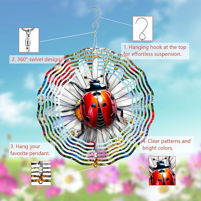Ladybug Wind Spinner 3D for Outdoor Decor, Stainless Steel Hanging Wind Spinner, Kinetic Art 10 inch Ornament Spinner for Garden Decoration