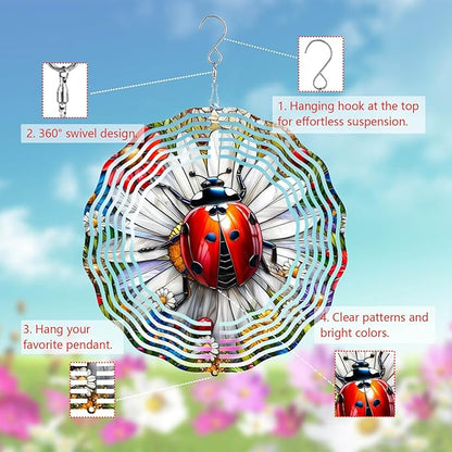 Ladybug Wind Spinner 3D for Outdoor Decor, Stainless Steel Hanging Wind Spinner, Kinetic Art 10 inch Ornament Spinner for Garden Decoration