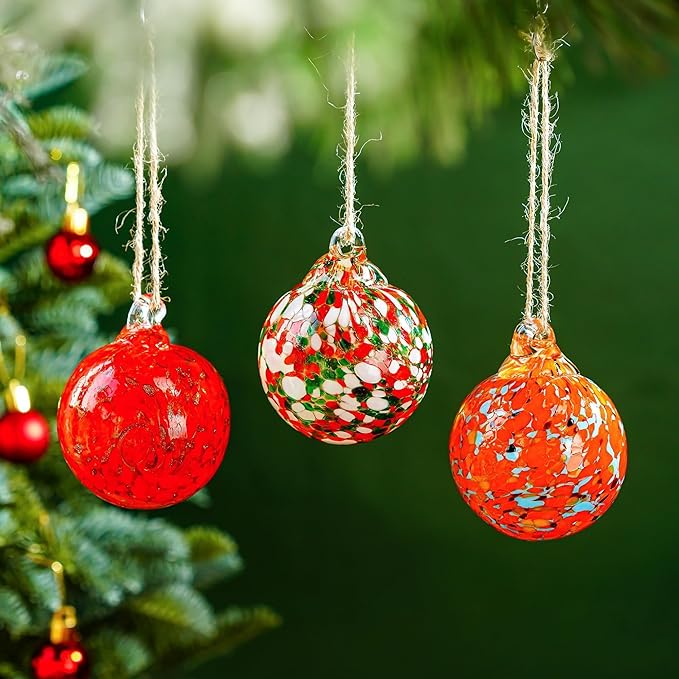 Set of 3 Hand Blown Glass Ball Ornament 2.3in Hanging Glass Gazing Balls Decor for Garden Patio