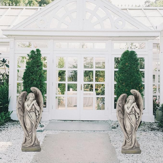 Outdoor Statues Angel Décor Garden Statue - 34 inch Large Garden Angels Outdoor Religious Statues Catholic Resin Concrete Finish Yard Patio Deck Home Entryway Hallway Sculpture 13.7*9.8*34 Inch