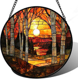 Stained Glass Window Hanging, Orange Red Landscape Forest Lake Moon Suncatcher for Doors Window Home Sun Catchers Decor Mother's Day Birthday Gifts for Women Men Mom 11.8 in