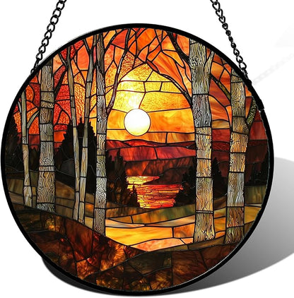 Stained Glass Window Hanging, Orange Red Landscape Forest Lake Moon Suncatcher for Doors Window Home Sun Catchers Decor Mother's Day Birthday Gifts for Women Men Mom 11.8 in