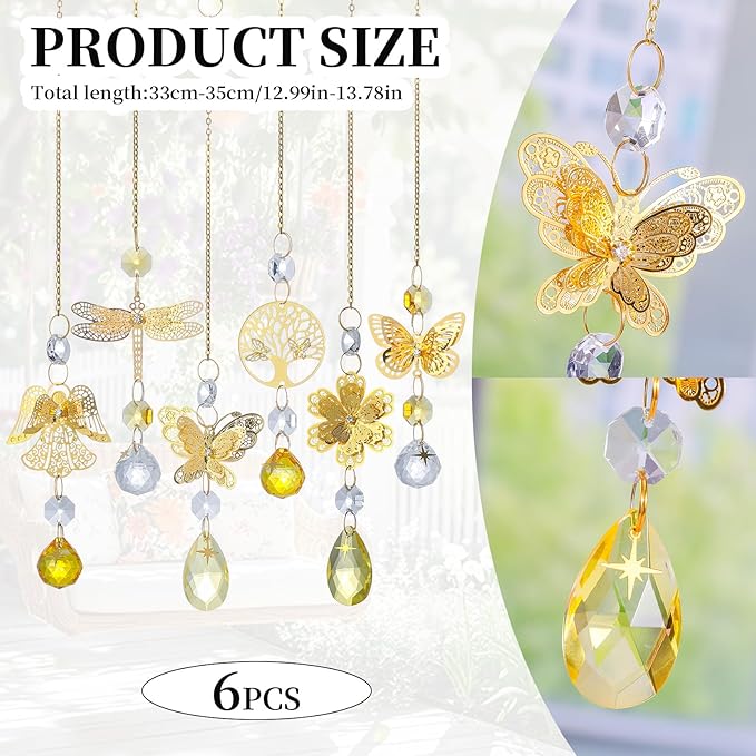 6pcs Yellow Crystal Suncatchers for Window Hanging Ornaments Garden Sun Catchers with Crystals Rainbow Maker Indoor Outdoor Decor