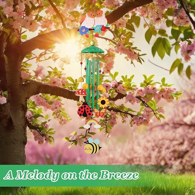 Green Hummingbird Wind Chimes for Outside Holiday Decor with Rainbow,Butterfly,Bee,Ladybug and Gift Box Metal Wind Chime for Porch Garden Patio