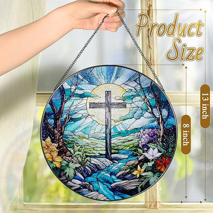 8 Inch Cross Stained Glass Suncatcher - Stained Glass Window Hanging, Sun Catchers Indoor Window, Christian Decor, Window Decor Hanging | Christian Gifts, Religious Gifts, Baptism Gift