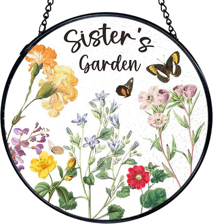 TNUW Sister Gifts Stained Glass Window Hanging, Best Sister Gifts from Brother Sun Catchers Indoor Window Glass Round Wall Art Decor, Sister's Garden Wall Hanging Decorations, 7.9＂x7.9＂