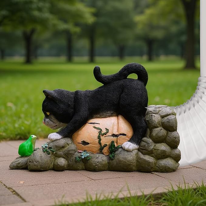 Tuxedo Cat Statue Gutter Downspout Extensions, Black Cat Figurine Rain Gutter Downspout Splash Block Cover Sculpture Decorative, 3" × 4" Downspouts