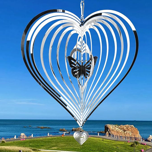 HOOSUN Metal Wind Spinners Outdoor for Yard and Garden Decor,Reflective Bird Deterrents for Outside Windows Patio Porch,Stainless Steel 3D Hanging Heart Butterfly Wind Spinners Gifts for Mom Women