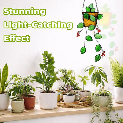 Plant Stained Glass,Stained Glass Window Hanging,Real Handmade Suncatcher,Artificial Green Plants Decor for Women Mom Grandma Plant Lovers,Sun Catcher for Home Windows