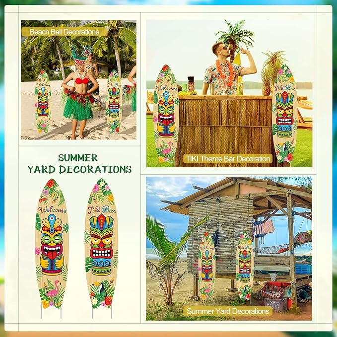 Queekay 2 Pcs Tiki Yard Sign Luau Hawaiian Tropical Party Decoration Outdoor Tiki Sign with Stakes for Summer (Skateboarding Style)