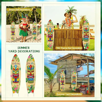 Queekay 2 Pcs Tiki Yard Sign Luau Hawaiian Tropical Party Decoration Outdoor Tiki Sign with Stakes for Summer (Skateboarding Style)