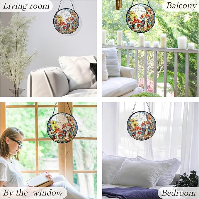 kdqua Mushroom Flower Suncatcher Stained Glass Window Hanging, Full Moon Mushroom Sun Catchers Indoor Window Glass Round Wall Decor, Cottagecore Wall Art Hanging Decorations Statues, 7.9x7.9in