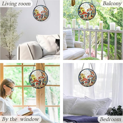 kdqua Mushroom Flower Suncatcher Stained Glass Window Hanging, Full Moon Mushroom Sun Catchers Indoor Window Glass Round Wall Decor, Cottagecore Wall Art Hanging Decorations Statues, 7.9x7.9in
