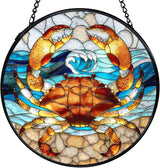 Crab Decor, Beach Coastal Crab Suncatchers Stained Glass Window Hanging, Coastal Ocean Sun Catchers Indoor Window Glass Round Wall Decor, Beachy Wall Hanging Decorations, 7.9x7.9in