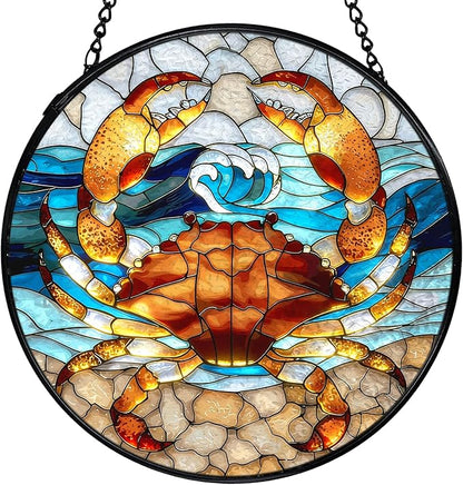 Crab Decor, Beach Coastal Crab Suncatchers Stained Glass Window Hanging, Coastal Ocean Sun Catchers Indoor Window Glass Round Wall Decor, Beachy Wall Hanging Decorations, 7.9x7.9in