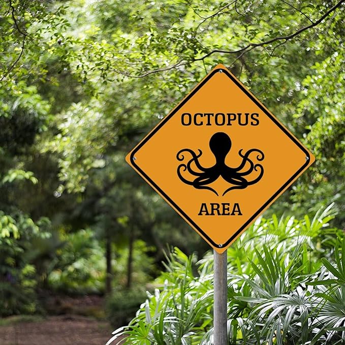 Caution Octopus Crossing XING Tin Sign Octopus Area Warning Street Sign Ocean Animal Novelty Caution Road Sign for Home Man Cave Gate Garden 15x15in