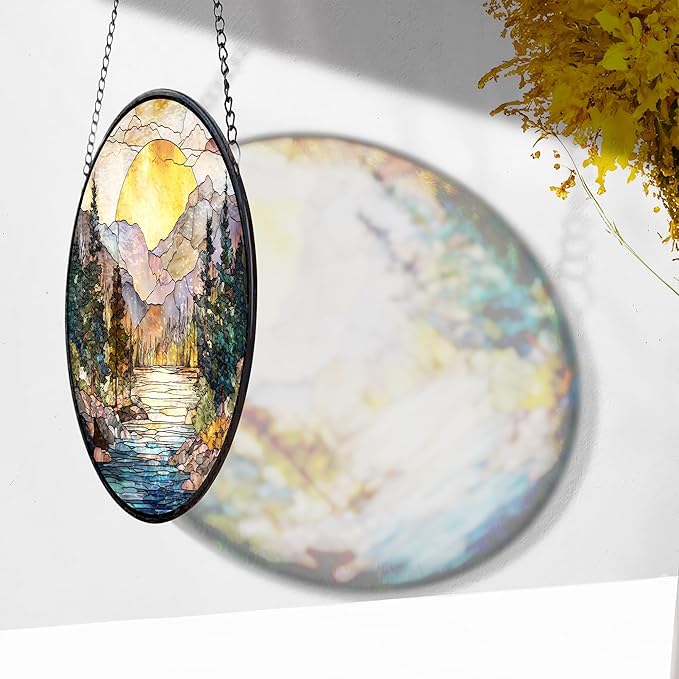 7.8" Mountain Range Suncatcher Stained Glass Window Hanging Sunset Sun Catcher Lake River Ornaments Wall Art Home Garden Room Decor Birthday for Nature Lovers Women Mom
