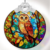 Faux Stained Glass Fall Suncatchers for Windows Hanging, Thanksgiving, Maple Leaf Suncatcher, 2D Acrylic Maple Leaves Fall Ornaments, Christmas Tree Decorations, Autumn Decor Party Supply (Autumn Owl)
